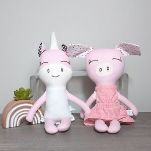 Buttercup Avenue Pink White Plush Unicorn‎ & Piglet Dolls Pair 2 Modern Handmade